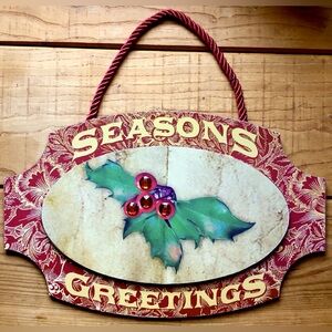 Vintage Season’s Greetings Christmas Holiday Holly Leaf Red Gem Roped Wall Sign